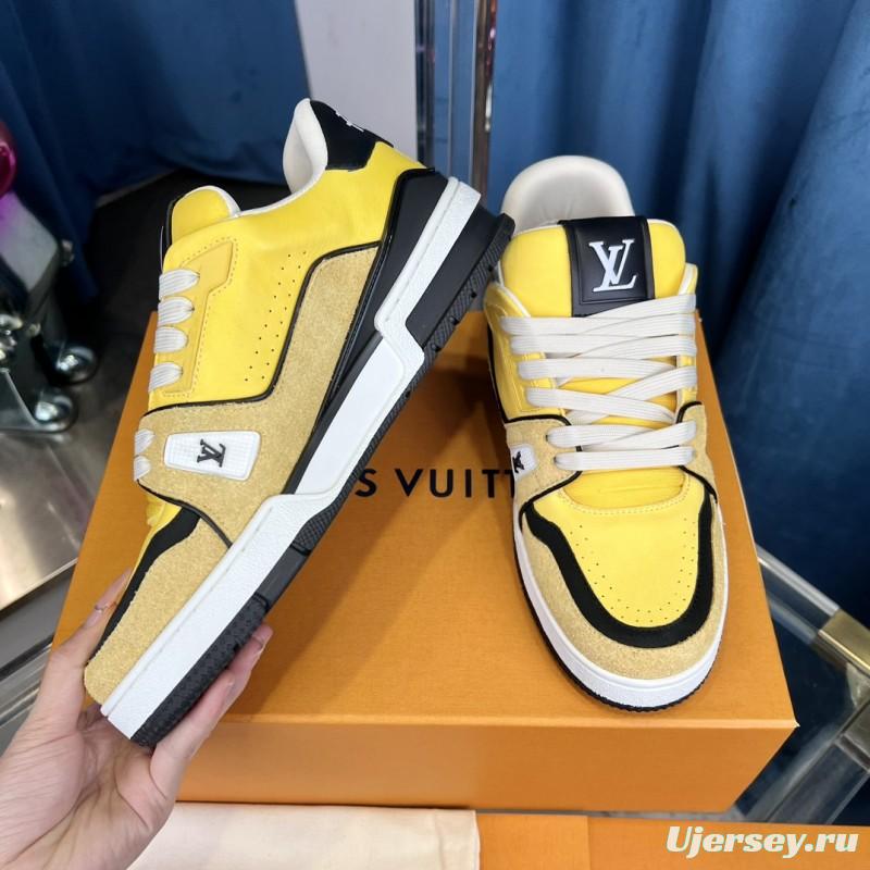 2025 Men Louis Vuitton Yellow Black Leather Suede Sneakers