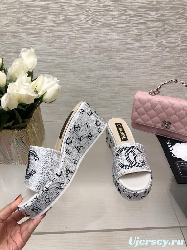 2025 Slippers Chanel White Rhinestone Platform Slide LY00330