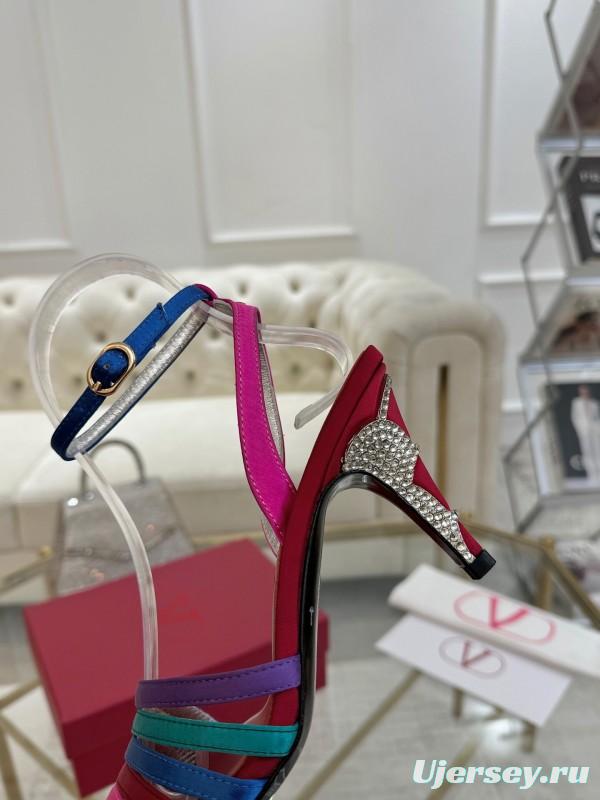 2025 Women Valentino Red Blue Green Pink Leather Suede High Heel Sandals LY00310
