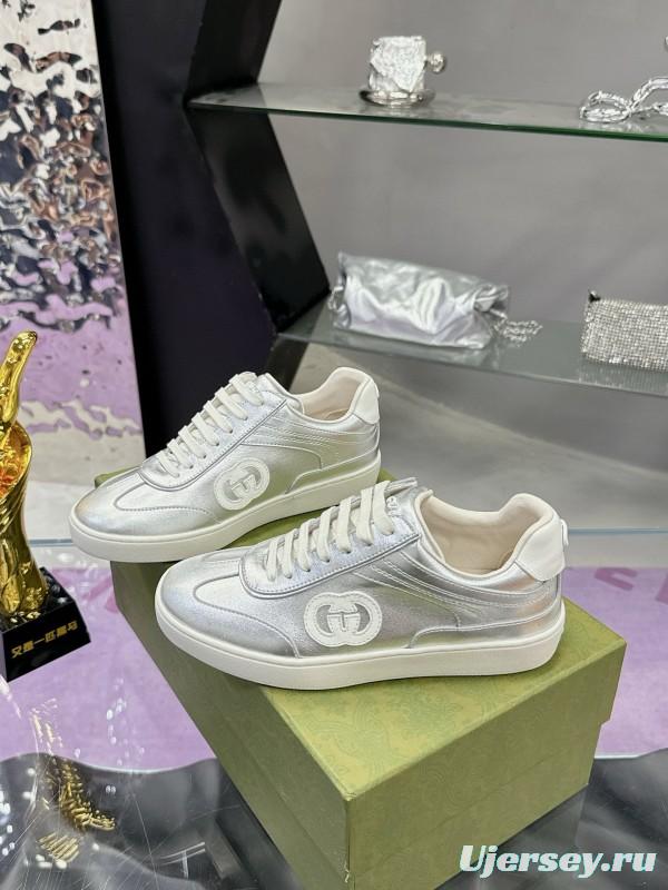 2024 Unisex Gucci Silver White Leather Suede Sneakers MJ00310