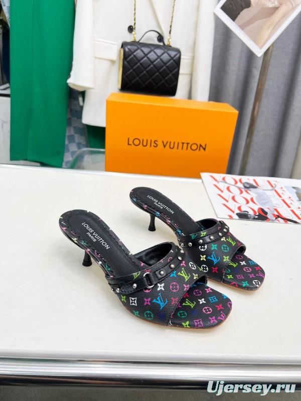 2025 Women Louis Vuitton Multicolor Leather Heeled Mules LY00260