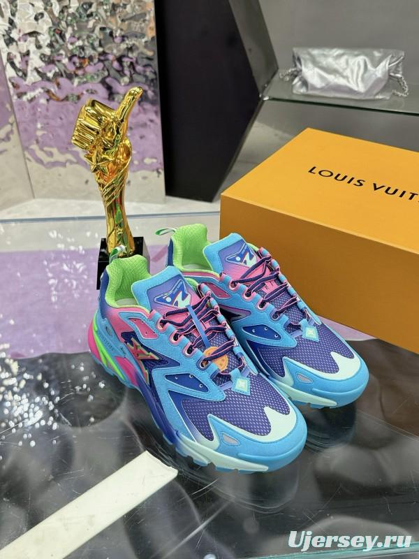 2025 Men Louis Vuitton Blue Pink Green Mesh Leather Sneakers MJ00420