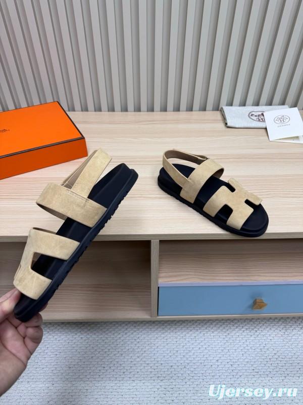 2025 Slippers Hermès Beige Black Suede Leather Sandals