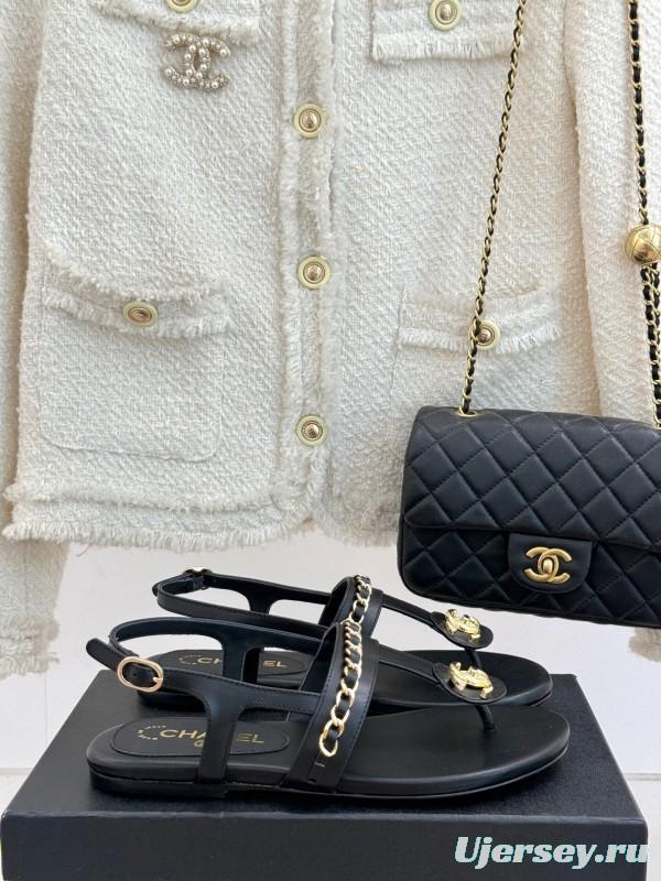 2025 Women Chanel Black Leather Sandals KFY00250