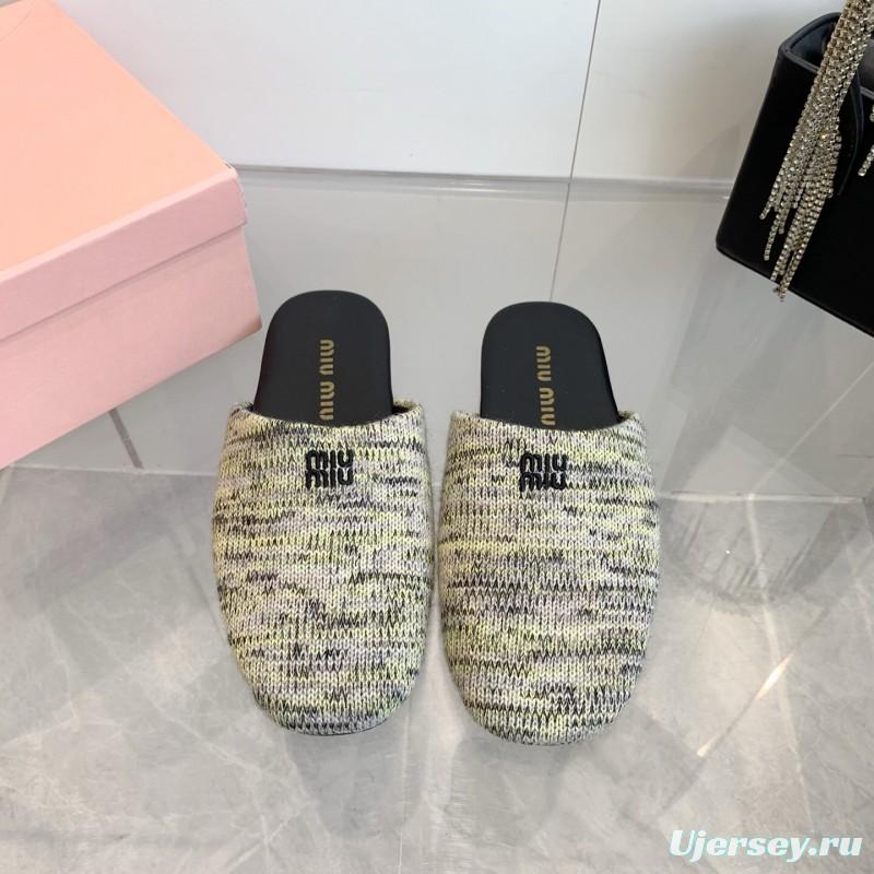 2025 Miu Miu Grey Black Fabric Slippers