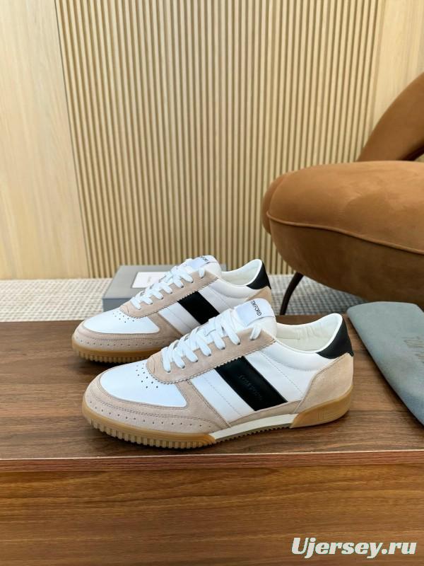 2025 Unisex TOM FORD White Black Beige Leather Suede Sneakers LY00360