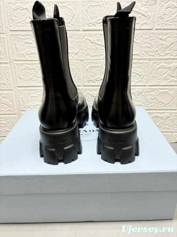 2024 Women Prada Black Leather Chelsea Boots MJ00380