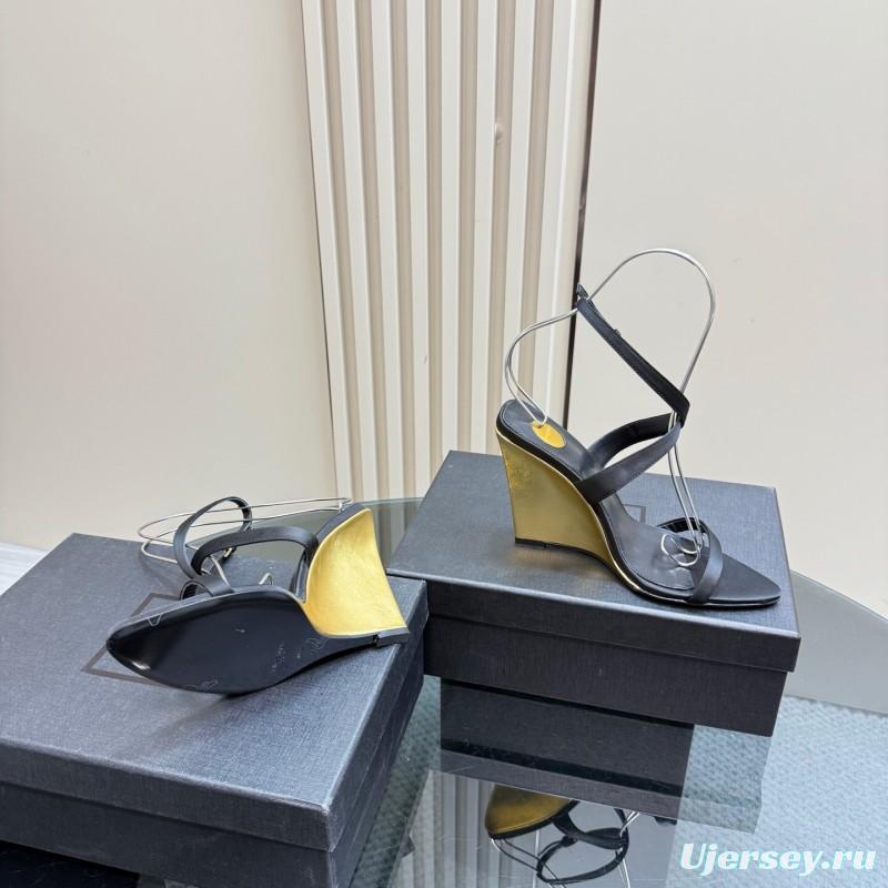 2025 Women Yves Saint Laurent Black And Gold Wedge Sandals Premium Leather Elegant Design LY00360(F)