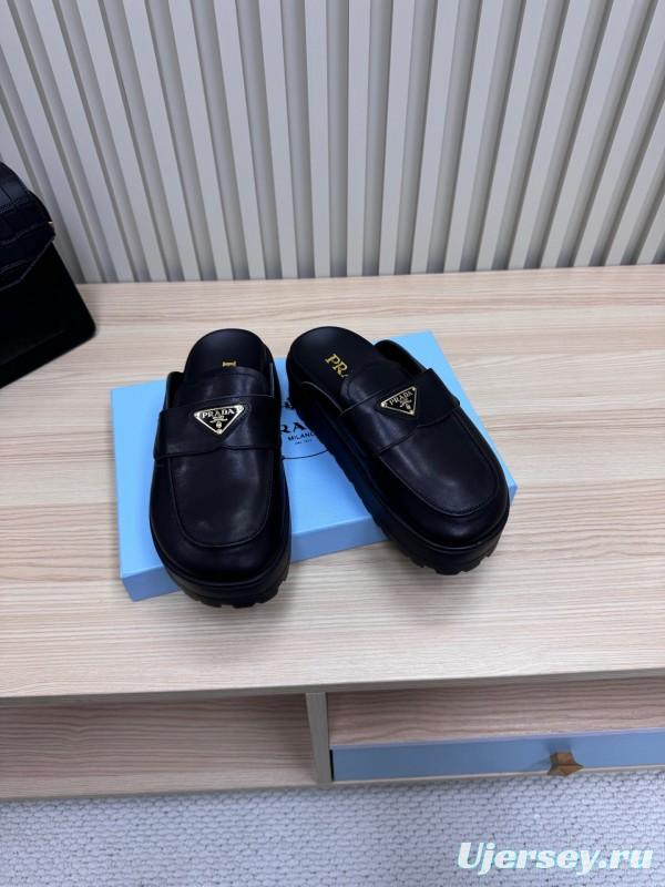 2025 Women Prada Black Leather Platform Loafers