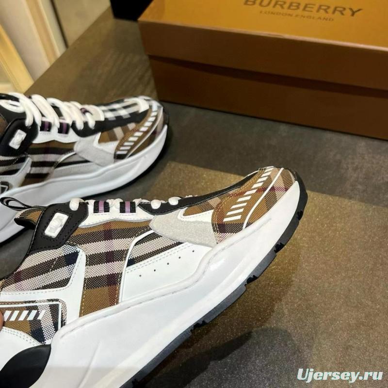 2025 Unisex Burberry Brown White Black Cotton Calfskin Suede Sneakers Check MJ00380(W/M)
