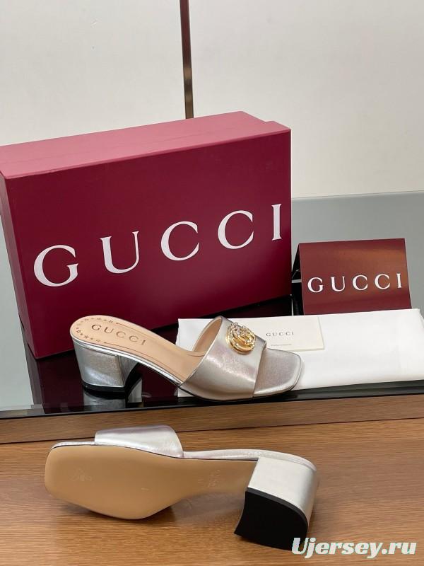 2025 Women Gucci Gold Leather Mules GG Emblem LY00280