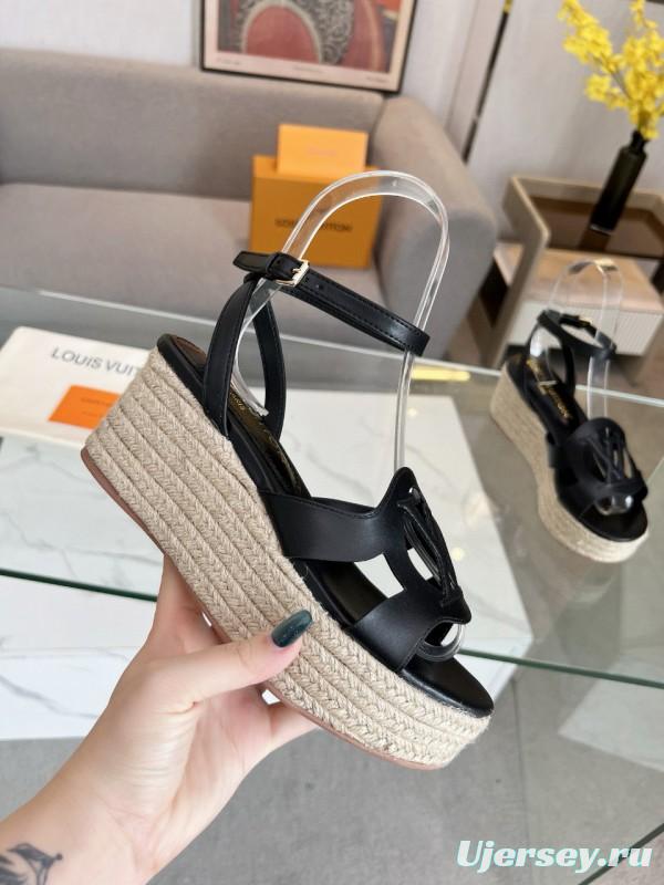 2025 Women Louis Vuitton Black Leather Espadrilles Sandals MJ00280
