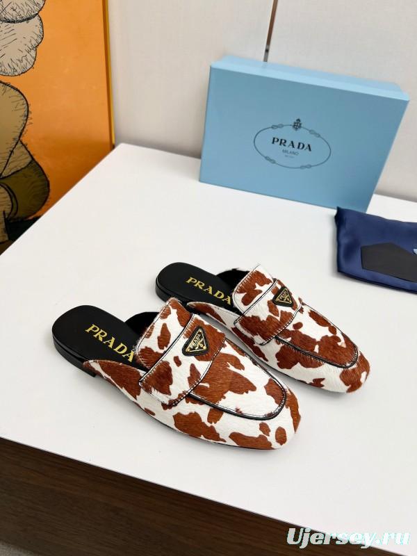 2025 Women Prada Brown White Calf Hair Leather Slippers LY00260