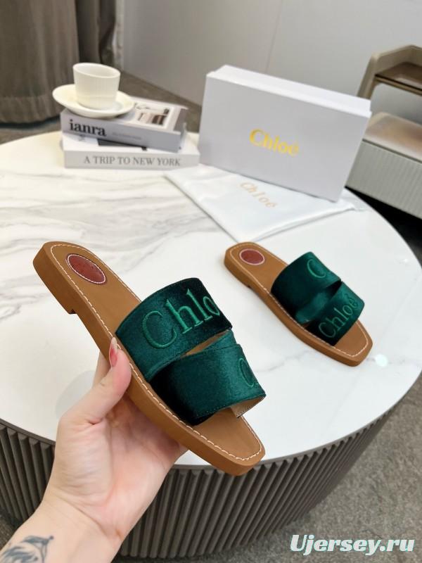 2025 Women Chloé Green Velvet Slippers