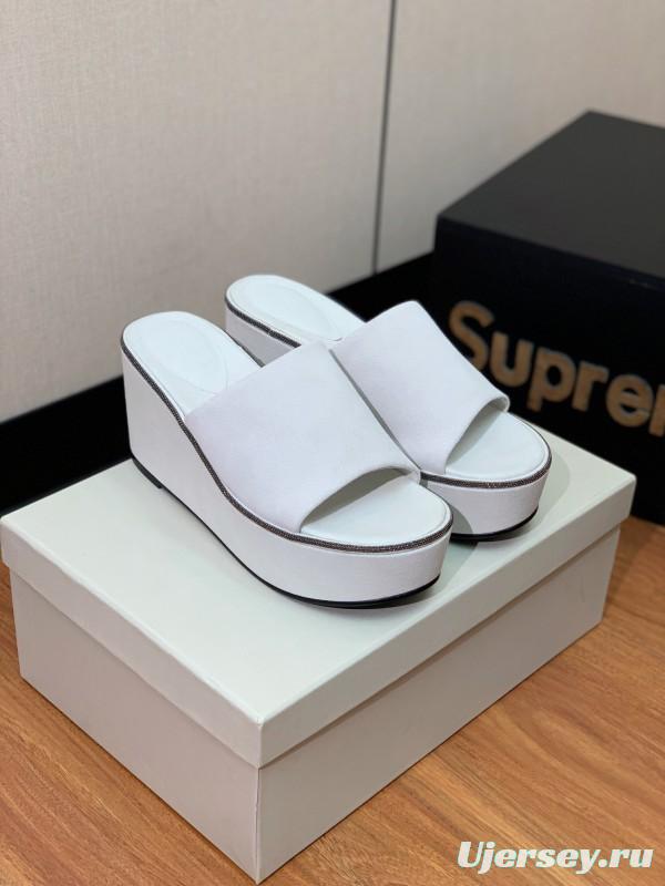 2025 Women BRUNELLO CUCINELLI White Suede Platform Slide Sandals Casual Craftsmanship LY00360(F)