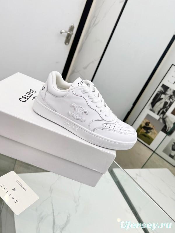 2025 Women Celine White Leather Sneakers Block Triomphe KFY00260