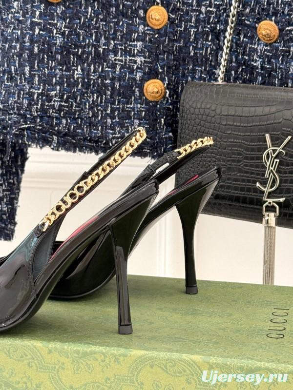 2025 Women Gucci Black Patent Leather Slingback High Heel Chain Detail