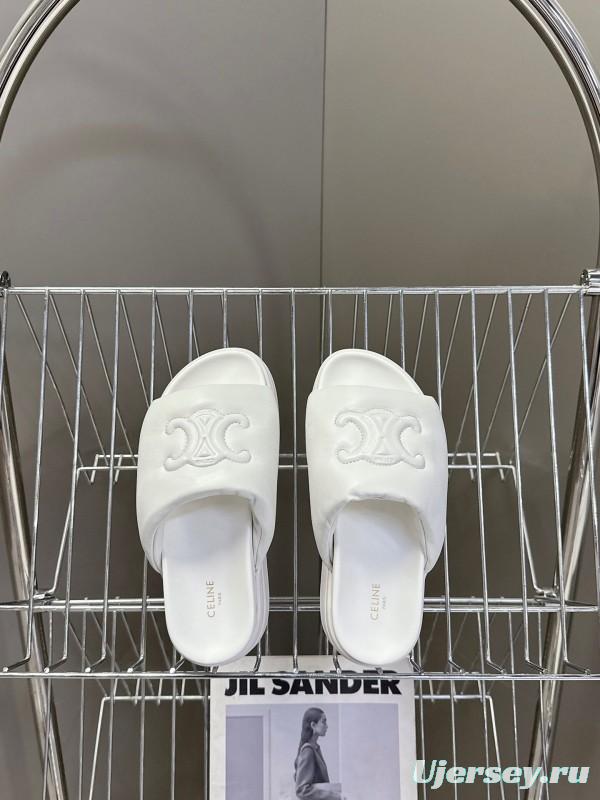 2025 Women Celine White Leather Slippers LY00240