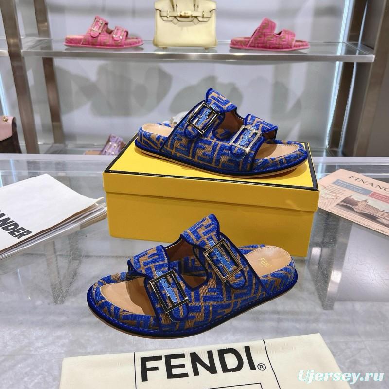 2025 Fendi Blue Fabric Leather Slippers MJ00230