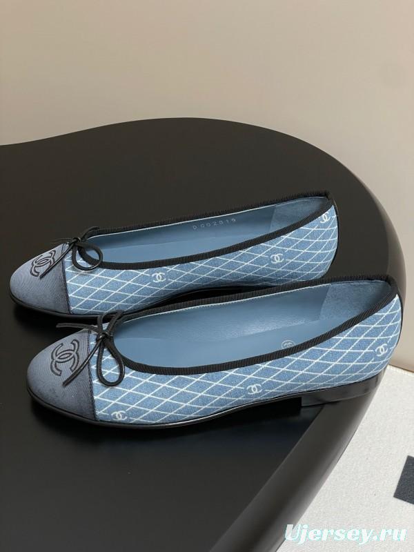 2025 Women Chanel Blue Denim Ballet Flats KFY00300