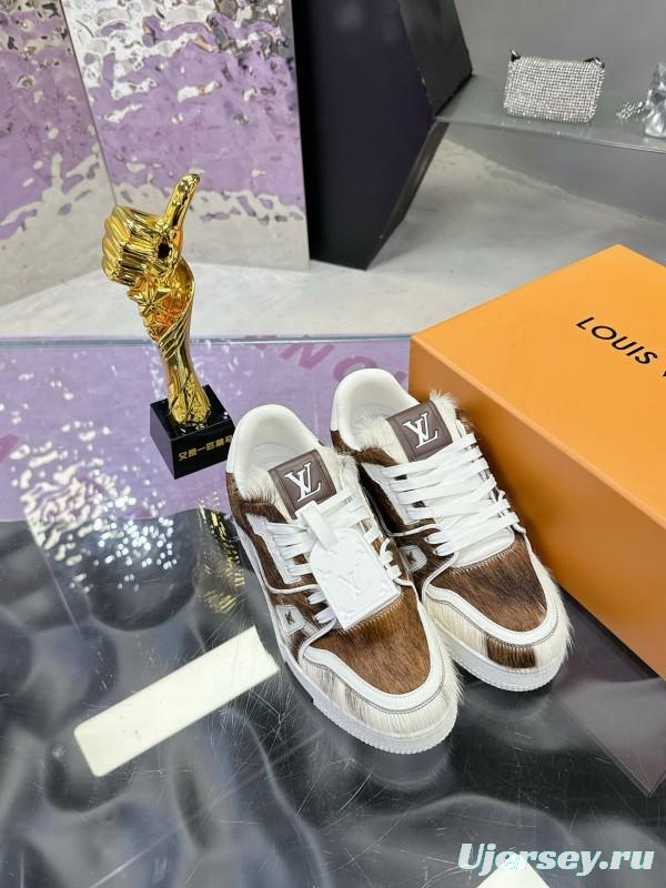 2024 Unisex Louis Vuitton Brown White Leather Calf Hair Plimsolls LV Trainer Maxi MJ00400