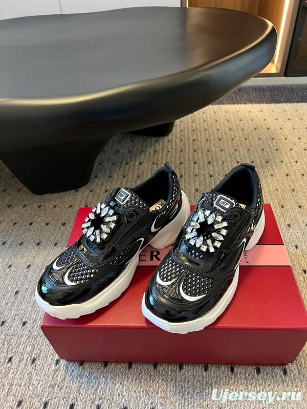 2025 Women Roger Vivier Black Leather Mesh Sneakers