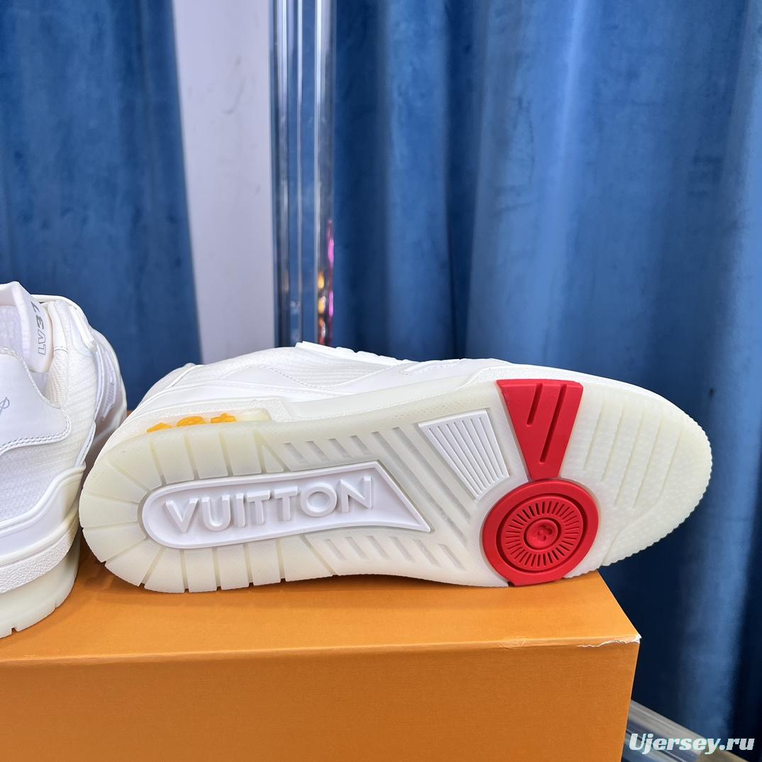 2025 Unisex Louis Vuitton White Calf Leather Mesh Trainer TPU Plimsolls Goodyear Welt