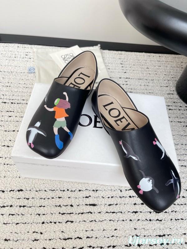 2025 Women Loewe Black Leather Loafers Painted LY00270