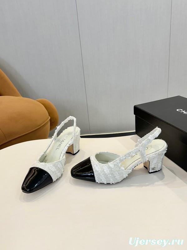 2025 Women Chanel White Black Tweed Patent Leather Slingback LY00240