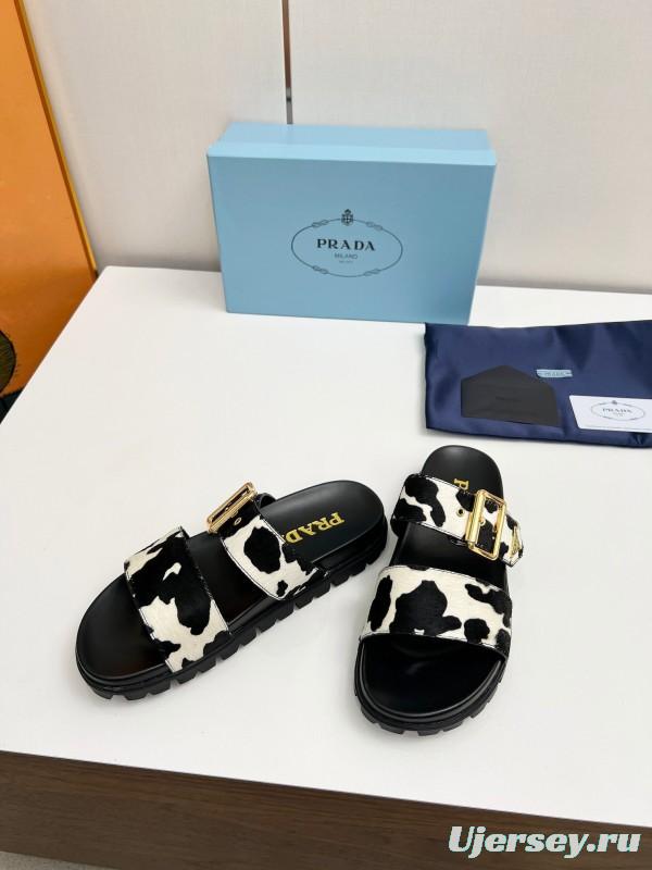 2025 Women Prada Black White Calf Hair Leather Sandals LY00260