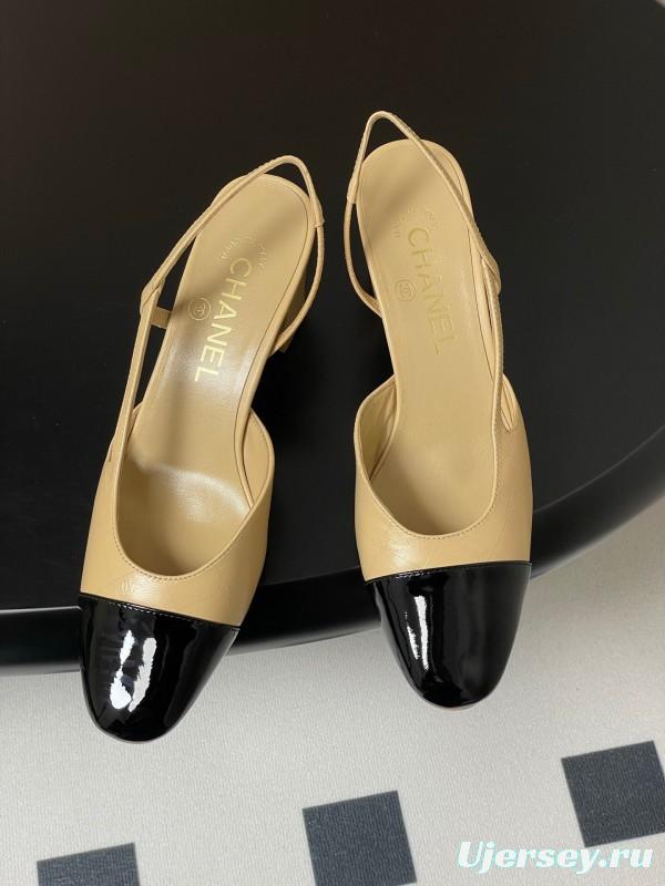 2025 Women Chanel Beige Black Leather Sling-back Classic Heel