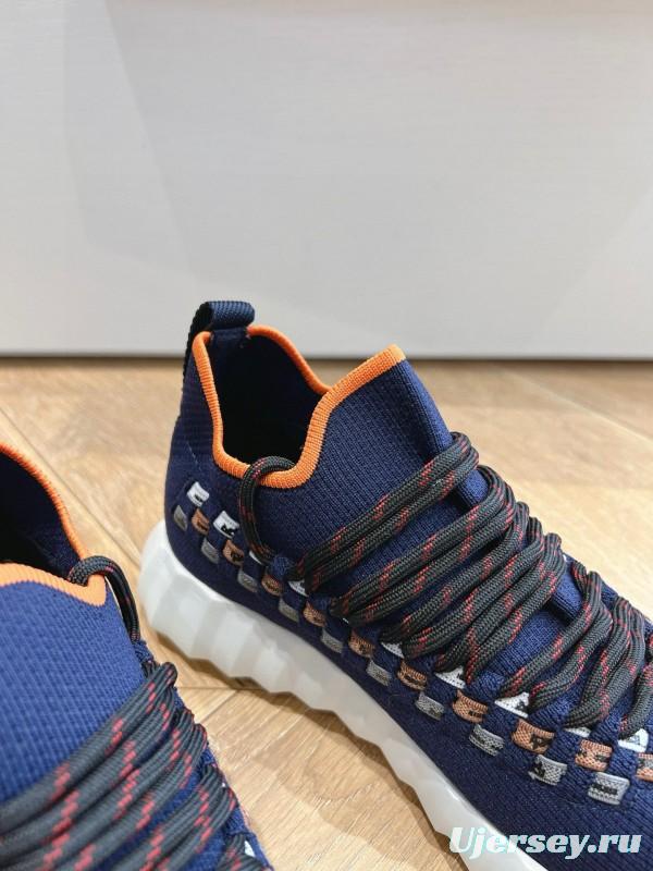 2024 Unisex Hermès Navy Orange Knit Leather Sneakers