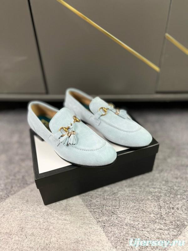 2024 Women Gucci Light Blue Suede Loafers MJ00280