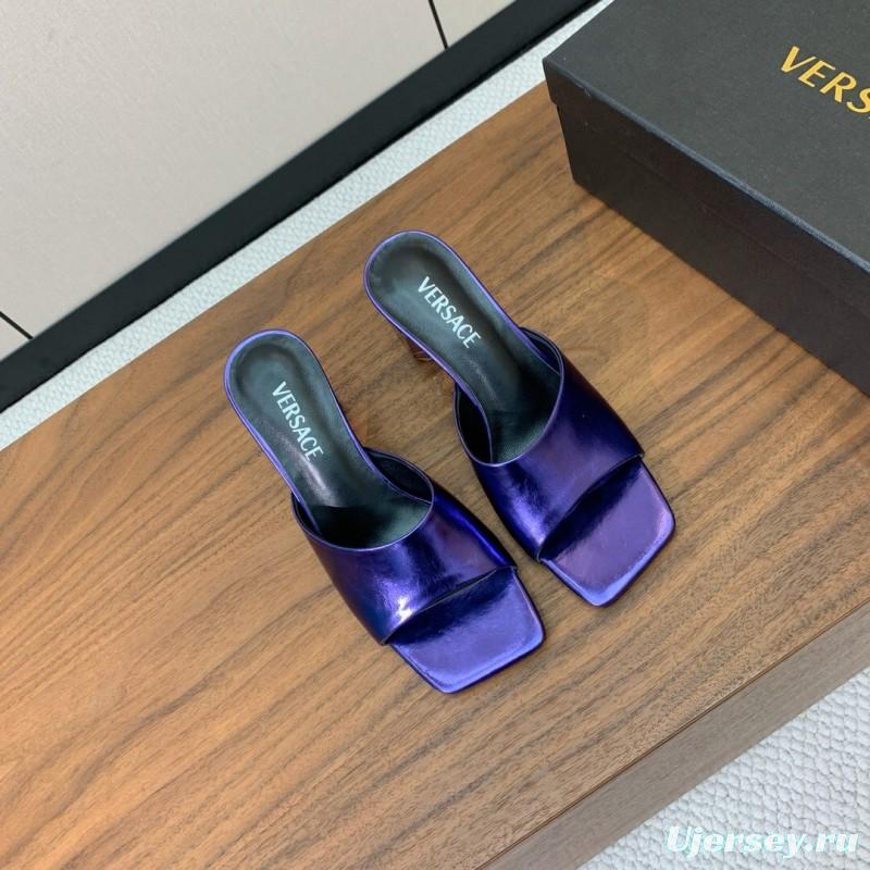 2025 Women VERSACE Purple Leather Slippers