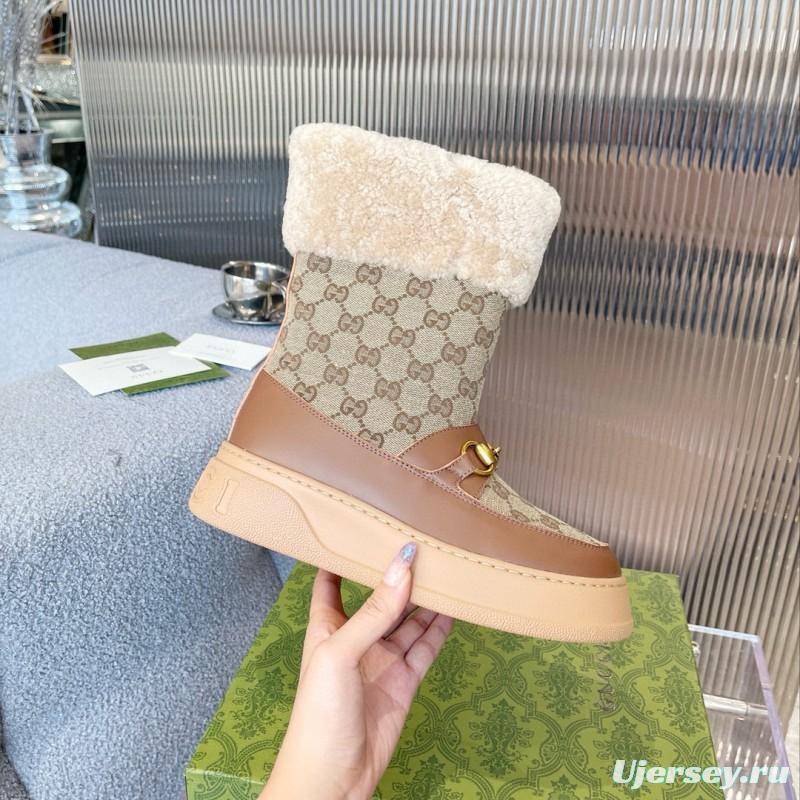 2024 Women Gucci beige brown leather shearling snow boots MJ00420