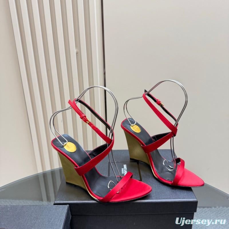 2025 Women Yves Saint Laurent Red Silk Wedge Sandals Elegant Craftsmanship LY00360(F)