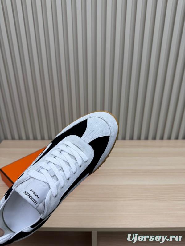 2025 Unisex Hermès White Black Suede Down Fabric Sneakers Top Version KFY00300