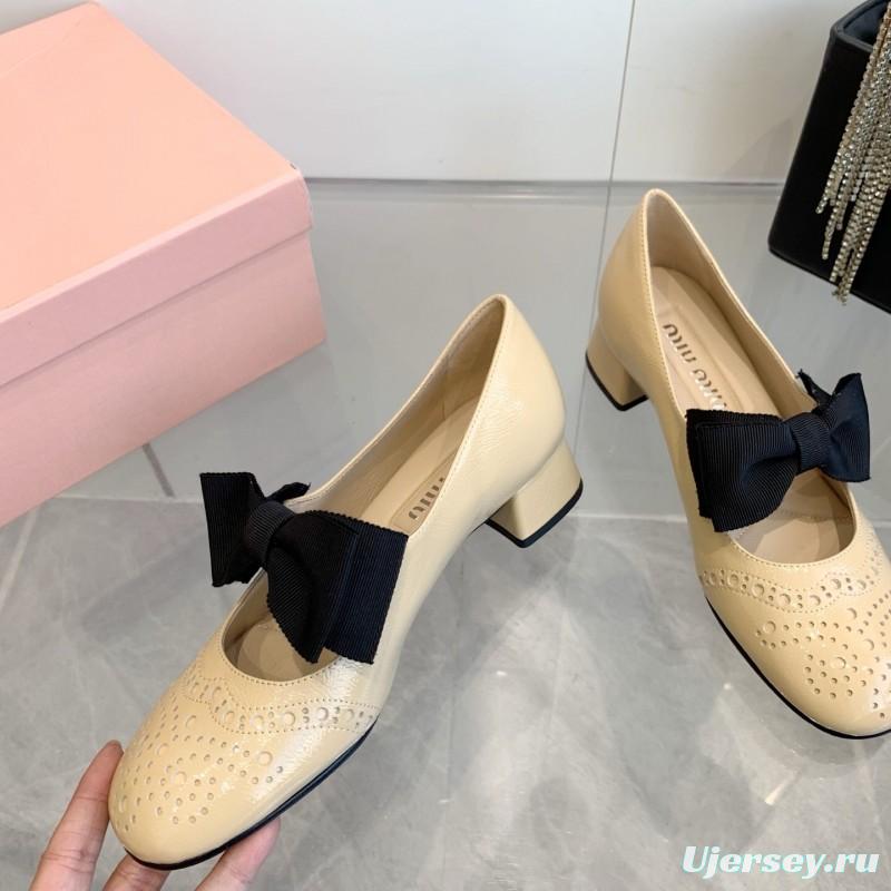2025 Women Miu Miu Beige Black Leather Mary Jane Bow KFY00280