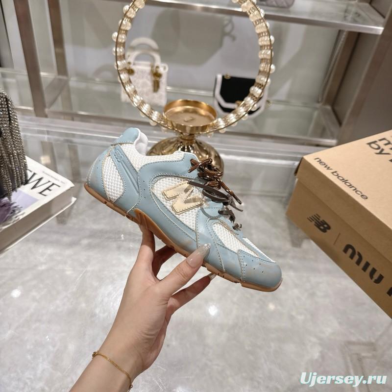 2025 Women Miumiu Light Blue White Leather Mesh Sneakers