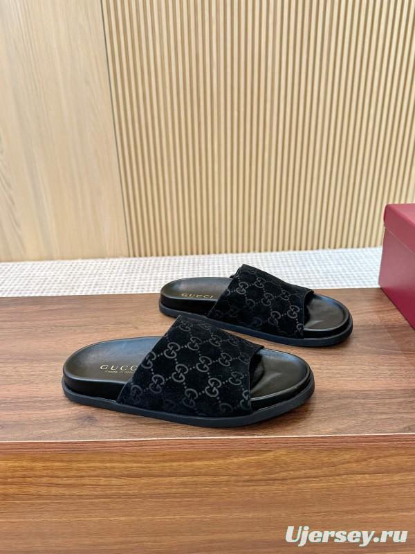 2025 Women Gucci Black Suede Leather Slippers