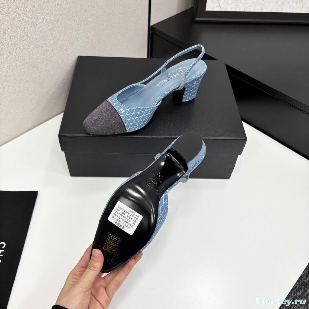 2025 Women Chanel Blue Grey Denim Leather Slingback Shoes