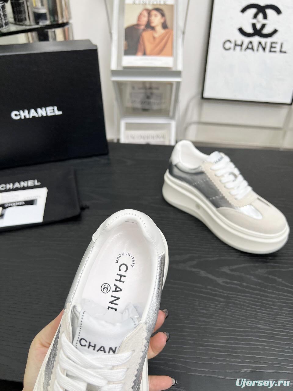 2025 Women Chanel White Silver Leather Suede Sneakers