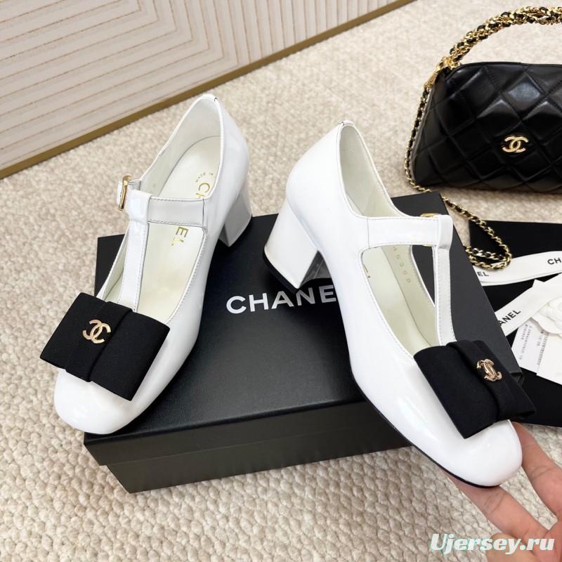 2025 Women Chanel White Black Leather Mary Jane Bow KFY00310
