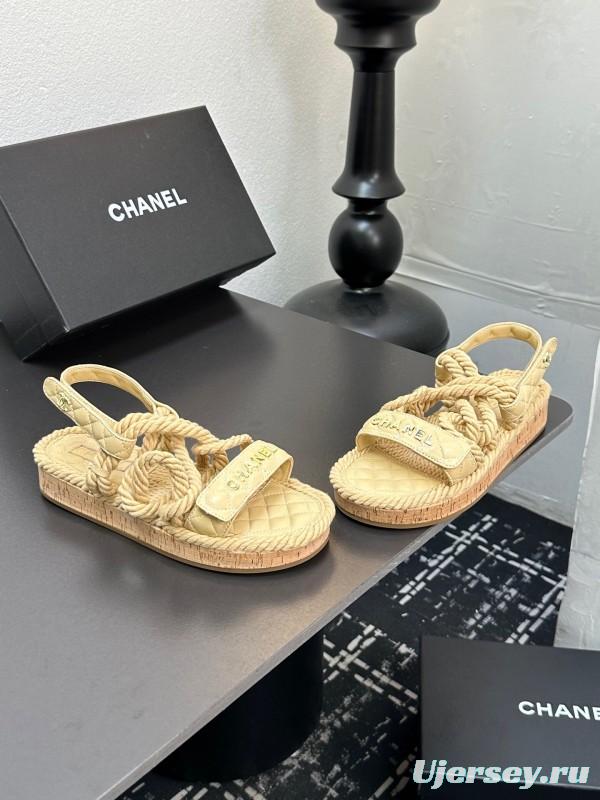 2025 Women Chanel Beige Rope Leather Slingback Sandals