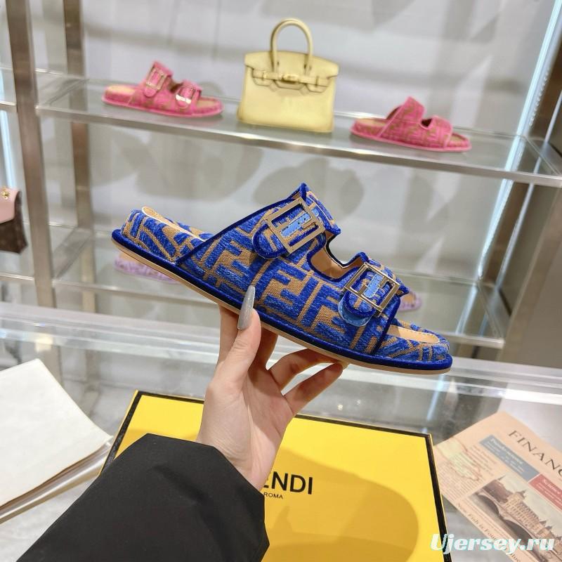2025 Fendi Blue Fabric Leather Slippers MJ00230