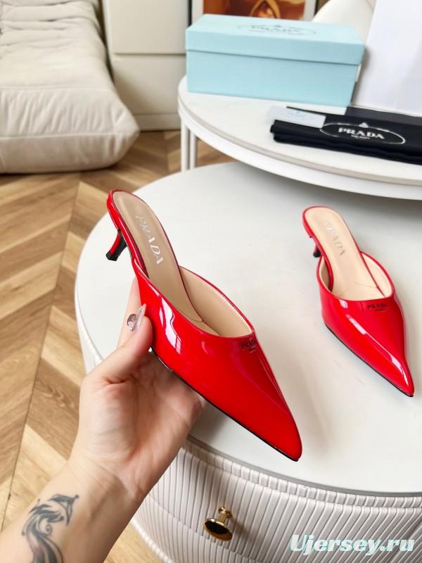 2025 Women Prada Red Patent Leather High Heel Mules LY
