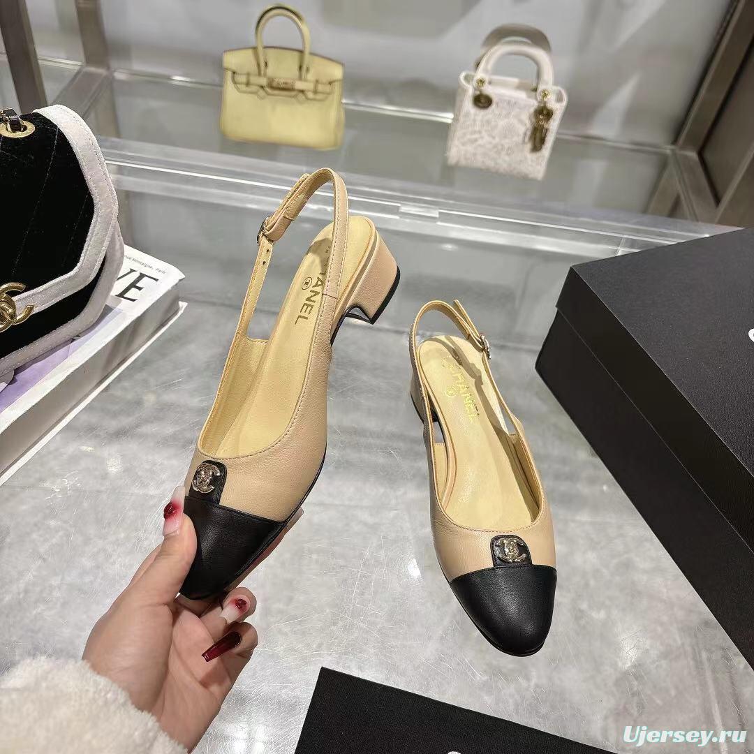 2025 Women Chanel Beige Black Leather Slingback Sandals LY00300