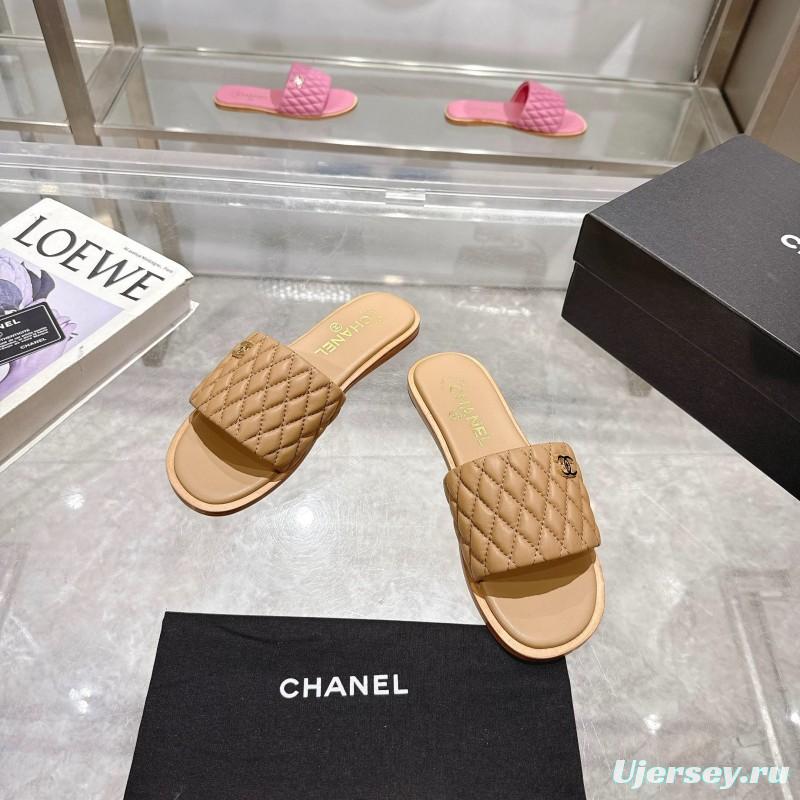 2025 Women Chanel Beige Lambskin Slippers LY00240