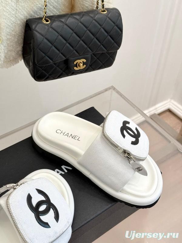2025 CHANEL White Canvas Slippers KFY00220