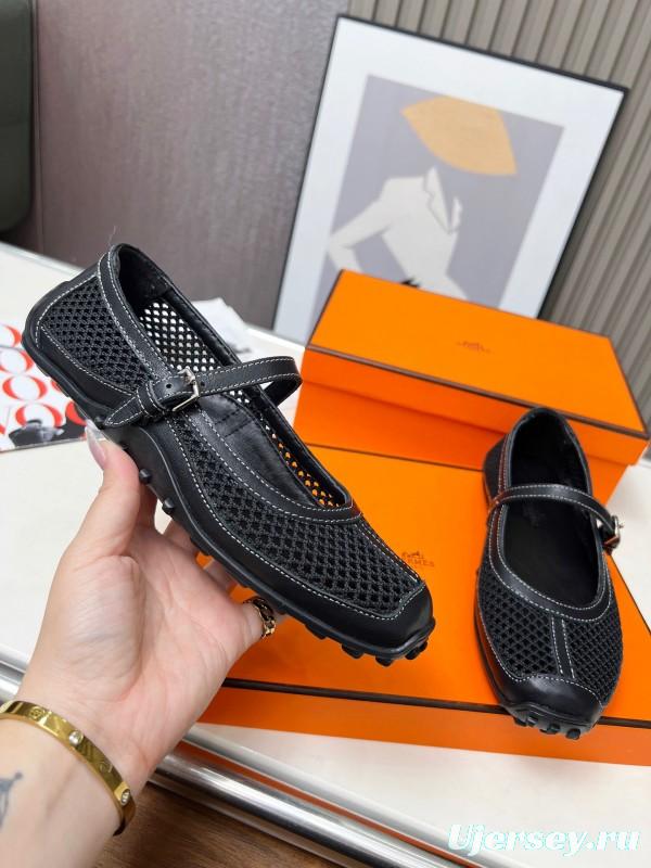 2025 Women Hermès Black Leather Mesh Mary Jane LY00230